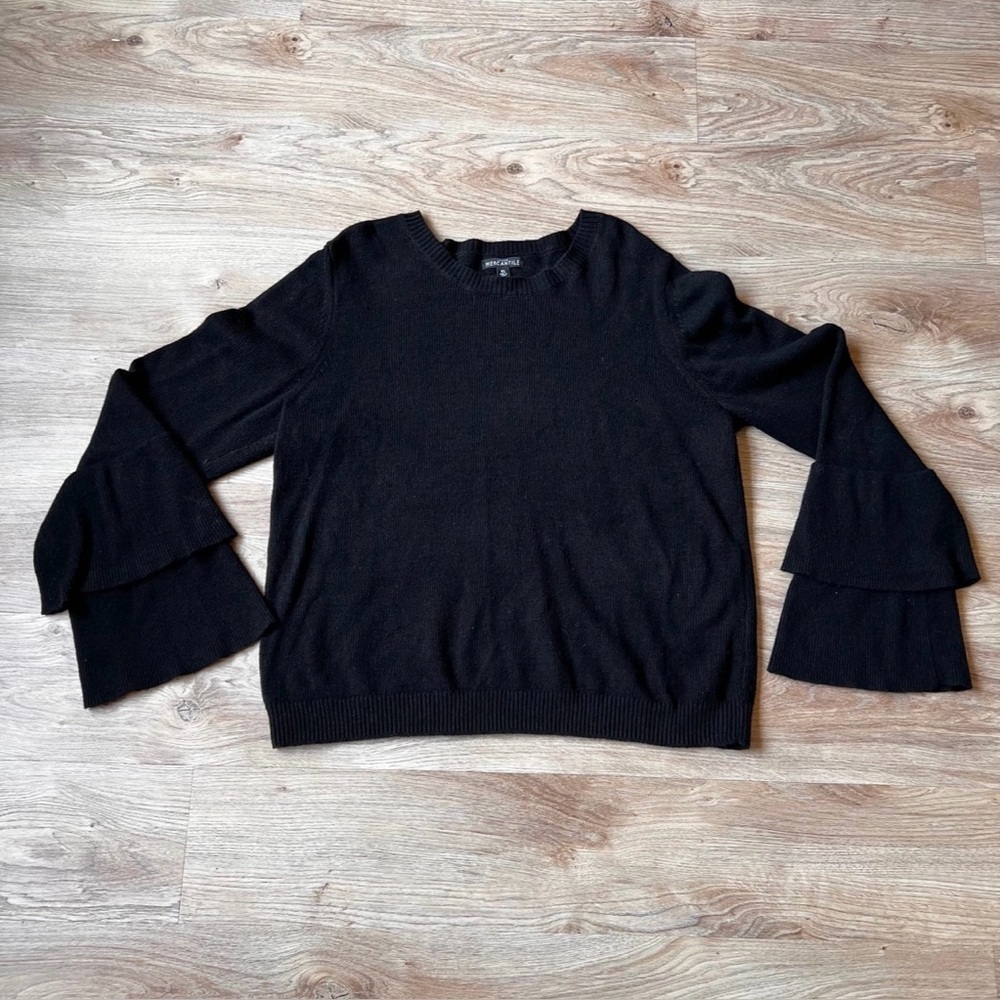 J.crew Mercantile Sweater Black Ruffle Tiered Bell Sleeves Wool Size XL Black - Picture 2 of 5